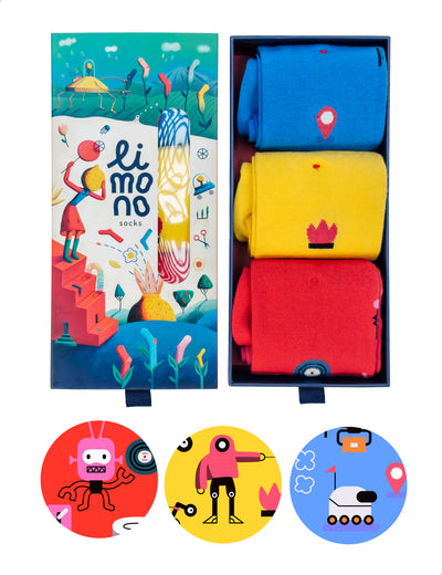 Limono Robots Day gift box of three socks Blue, Yellow and Red with character icons below