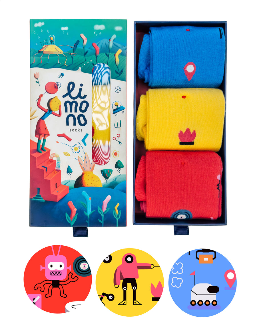 Limono Robots Day gift box of three socks Blue, Yellow and Red with character icons below