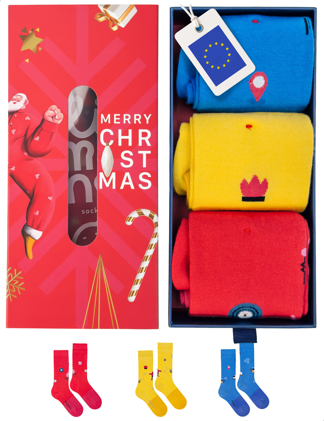 Limono Robots Day Box of 3 with Red, Yellow and Blue socks in Merry Christmas gift packaging