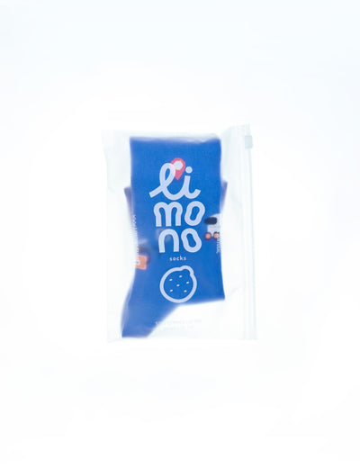 Limono Robots Day Blue sock packaged in a clear poly bag with limono branding