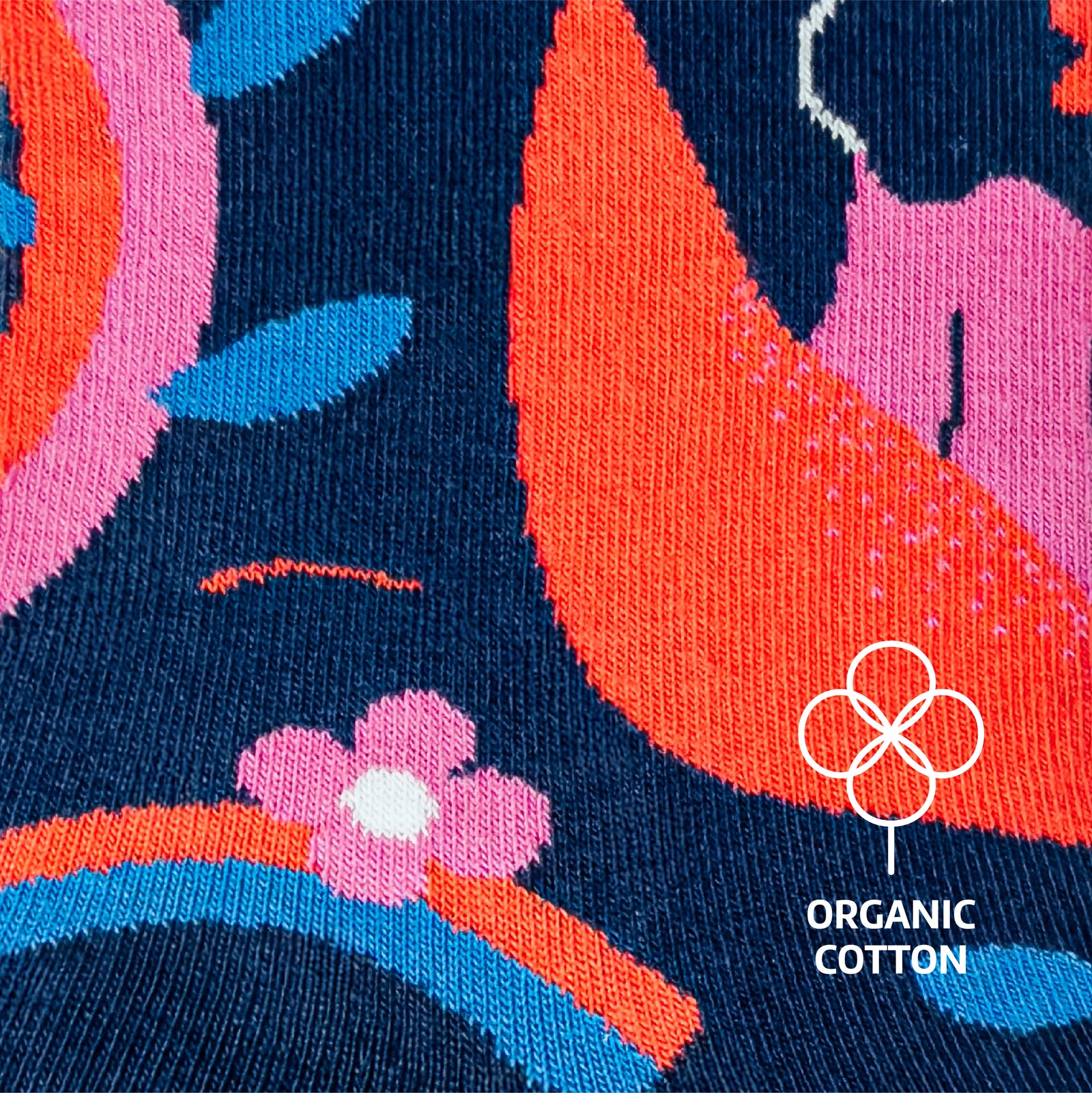 Limono Socks Rain Clouds collection. Illustrated socks on trend made in Portugal. Organic combed cotton. Close-up of colorful fabric with floral pattern and organic cotton logo