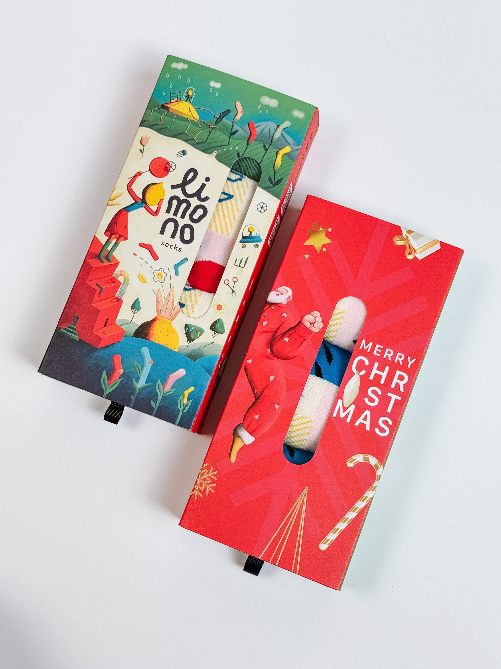 Limono illustrated gift box and Christmas Merry Christmas gift box flat lay side by side