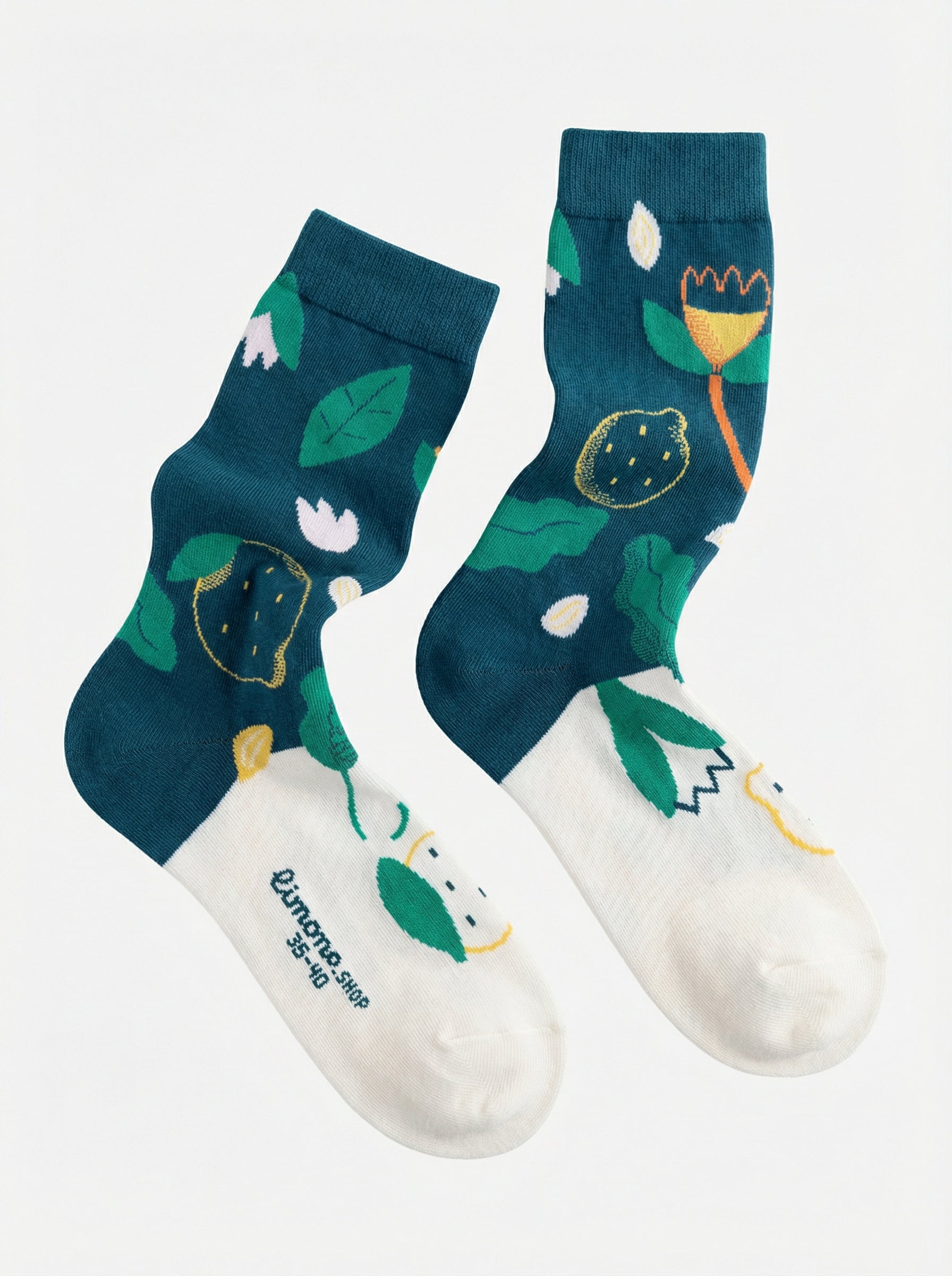 Limono Lemonheads Black socks studio pair with lemons, leaves and flowers on light grey