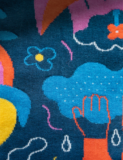 Limono Rain Clouds Black socks jacquard knit macro showing cloud-head character and raindrops