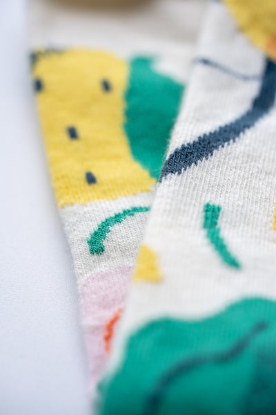 Limono Lemonheads Ivory socks jacquard knit macro with lemons and green leaves on ivory