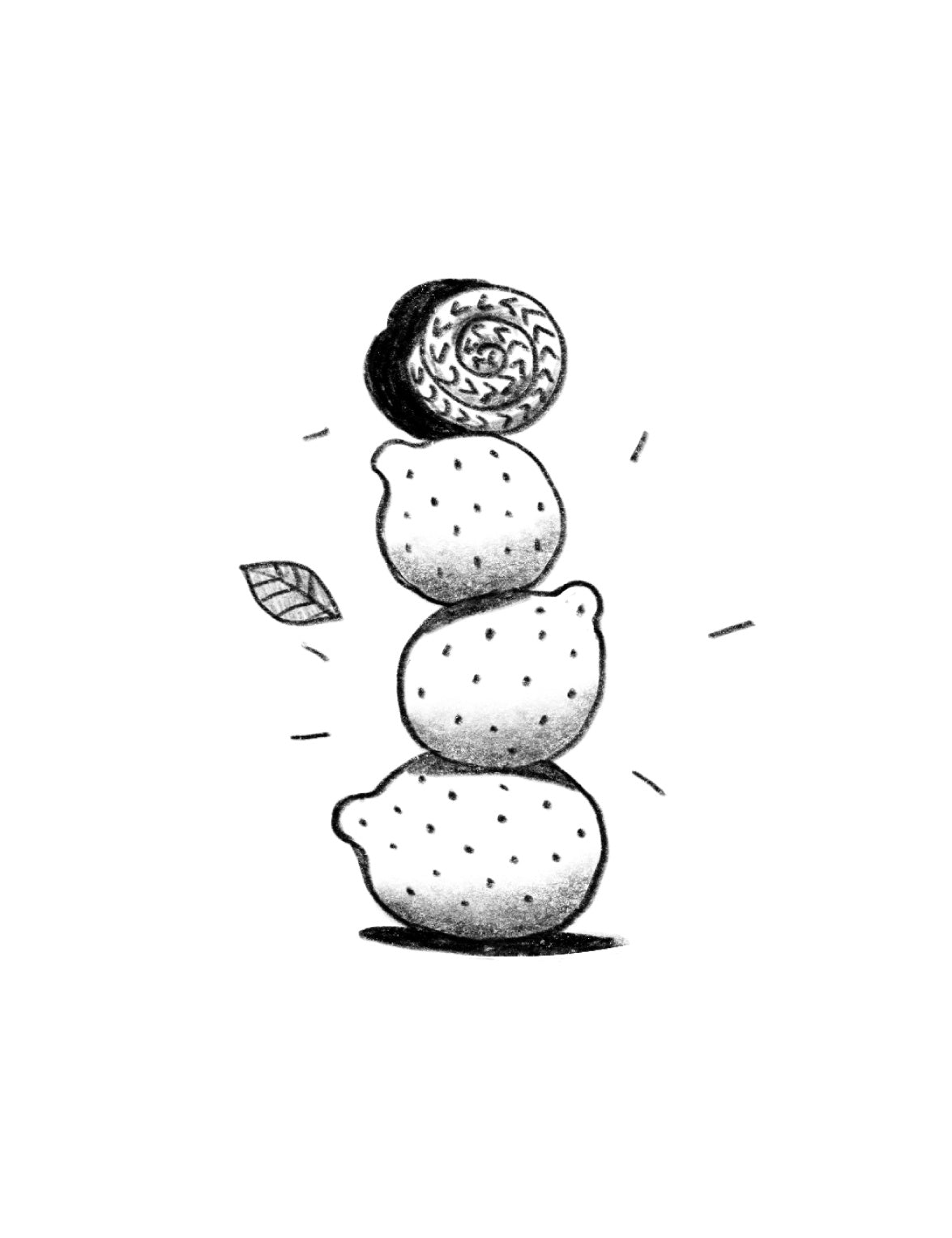 Limono illustration of three stacked lemons with falling leaf, © Oksana Grivina