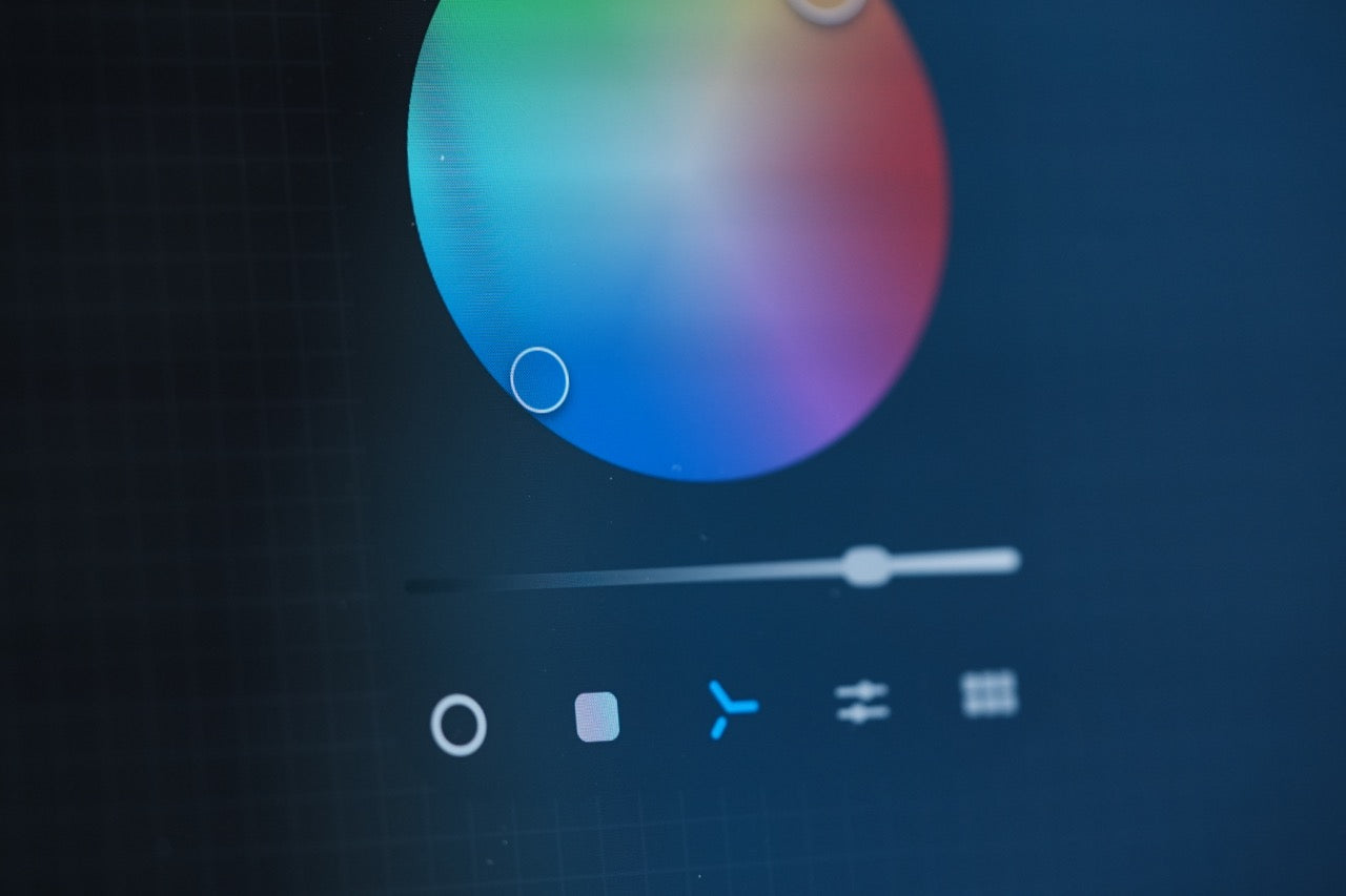 Limono studio close-up of an iPad Procreate color picker disc with a teal-blue marker